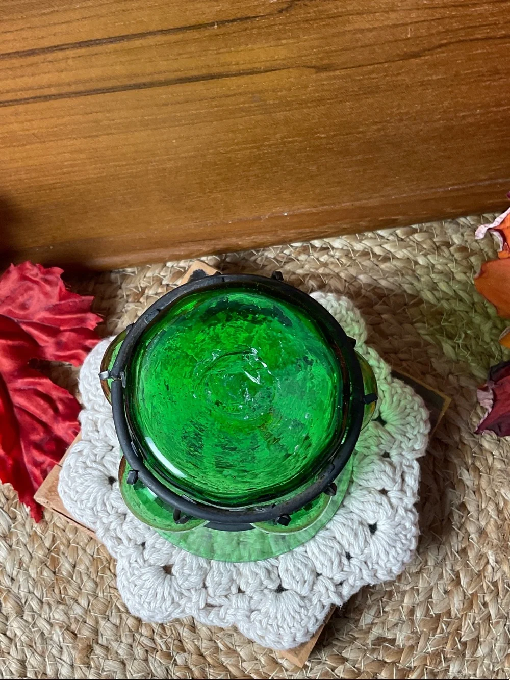 Vintage Green Bubble Glass, Wrought Iron, Candle holder/Hand Blown Vase